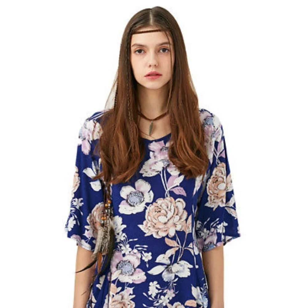 Blue Pastel Floral Dress With 3/4 Sleeves Pockets - Picture 3 of 7